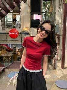 Solid Color Fitted Round Neck Short Sleeve T-Shirt For Women, Contrast Trim Cropped Top Casual Red - Red - View 2