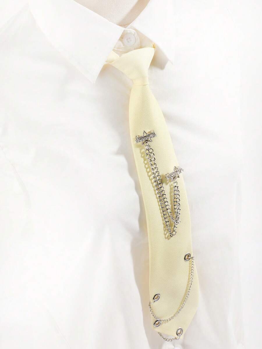 1pc Unisex Cream-Colored Star Rhinestone Chain Tie, Suitable For Sweet & Cool Style JK Uniform Matching - Creamy Yellow - View 1