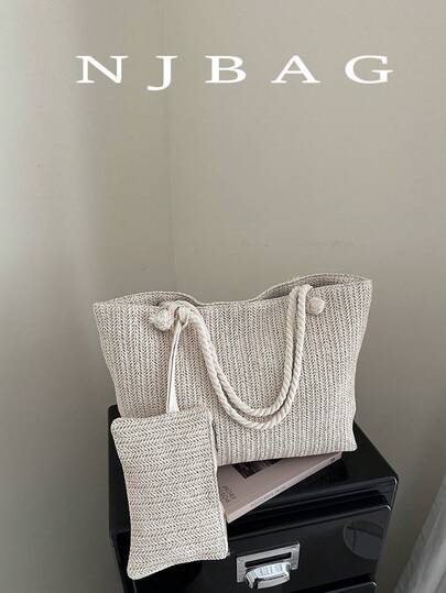 Medium Size Lightweight Casual Minimalist Straw Woven Bag With Coin Purse, Suitable For Girls, Women And College Students, Perfect For University, Outdoor, Travel, Picnic, Vacation, Summer Holiday Beach, Women's Summer Straw Beach Bag, Essential For Vacation, Perfectly Matched With Beach Accessories, Most Popular Women's Beach Bag, Fashionable Summer Vacation Bag, Women's Vacation And Holiday Beach Essential Bag, Latest Vacation Bag, Vacation Essential