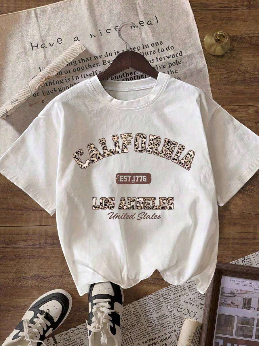 Casual White Summer T-Shirt With Short Sleeves, Round Neck, Leopard Print And Letter Graphic. - White - View 1