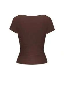 Blusa ajustada y sexy de punto para mujer , camiseta casual de cuello cuadrado de unicolor, primavera/verano - Marrón - Ver 4