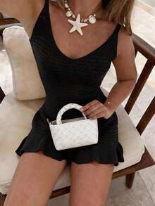 Vestido de punto sin mangas con cuello en V y espalda descubierta para primavera/verano, estilo casual para vacaciones en la playa. - Negro - Ver 3