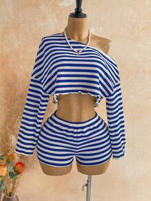 Conjunto de 2 piezas de top de manga larga con hombro asimétrico y degradado y shorts de moda para mujer - Multicolor 7 - Ver 3