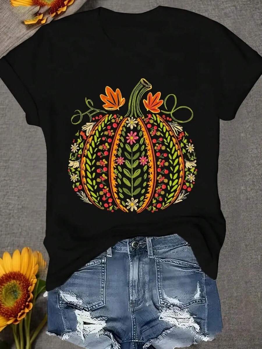 Women's Curve Clothing Tshirts Print Casual Shortsleeved Round Neck Top Mediumstretch Fabric Machine Washable Comfortable Fit All Seasons Tshirt Un... - 黑色 - 查看 1