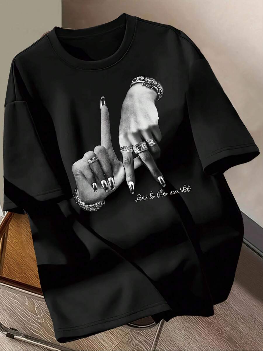 The Women's Casual Short-Sleeve T-Shirt With Finger Pattern Print Is Suitable For Spring, Summer, And Autumn Wear. R2BX - Black - View 1