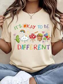 Camiseta "Está bien ser diferente", regalo de neurodiversidad, camiseta de educación especial, camisetas de maestros de CAA, camiseta gráfica estampada, top casual de manga corta para mujer Ropa deportiva estilo Y2K, cuello redondo, 100% algodón, tejido suave, manga corta. - Albaricoque 3 - Ver 3