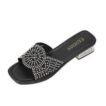 Women's Metallic Glamorous Style Rhinestone Criss-Cross Strap Slide Sandals, Party, Holiday, Wedding, Outdoor Wear, Spring/Summer, Square Toe, Metallic Plated Low Heel, Slip-On, Open Toe, Shiny - Black 4 - View 13