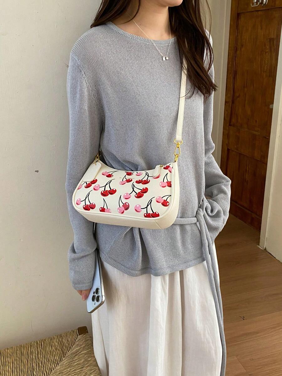 女士甜美水果印花单肩斜挎包，新款草莓樱桃图案链条肩背斜挎包，百搭休闲通勤手提包，柔软皮革新月形腋下包 - 彩色 - 查看 1
