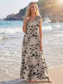 Vestido largo de línea A con pliegues y estampado floral vintage, con mangas cortas y bajo. Vestido elegante y casual para vacaciones, adecuado para primavera y verano. Vestido chic para salir de vacaciones - Multicolor 2 - Ver 4