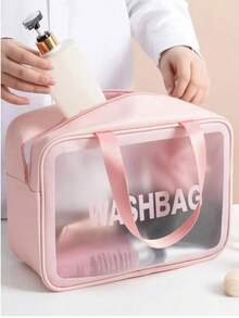 3/1pc Transparent Toiletry Bag Set, Waterproof Transparent Makeup Bag With Handle, Thickened PVC Material Wear-Resistant And Splash-Proof, Waterproof Material, With Frosted Transparent Window, Essential Beach Bag And Toiletry Bag For Vacation - Pink - View 3