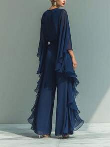 New Dark Blue Ruffled Wide-Leg Pants Suit For Women, Fashionable And Elegant Two-Piece Set With Long Sleeves And Casual Pants - 深藍色 - 查看 2
