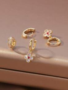 2 pares/set de pendientes con forma de trébol, chapados en oro de 18K con piedra central de rubí, cuatro pétalos de flor de circonita cúbica, ribete de grano fino, colgante desmontable, adecuado como regalo del Día de la Madre o de cumpleaños para mujeres, madres, esposas - Multicolor - Ver 3