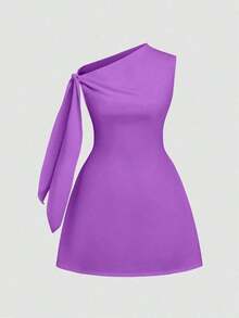 Vestido corto minimalista de mujer de unicolor elegante con hombros con lazo y sin mangas, de verano en colores claros - Morado - Ver 3