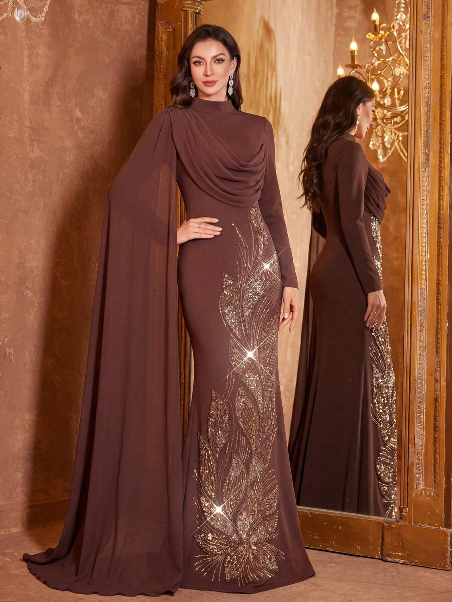 Đầm dạ hội nữ SUPGIR cổ tròn, tay bồng, phối sequin, chất liệu vải lanh, ôm sát. - Cà phê nâu - Xem 1