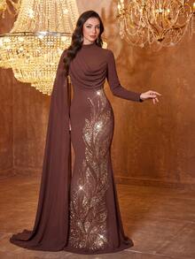 Đầm dạ hội nữ SUPGIR cổ tròn, tay bồng, phối sequin, chất liệu vải lanh, ôm sát. - Cà phê nâu - Xem 5
