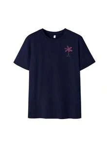 Camiseta de manga corta con cuello redondo y estampado de palmeras para mujer, estilo casual y moderno, tu prenda esencial diaria.Camiseta con Estampado, Tops para Mujer, Vacaciones de Verano - Azul marino 2 - Ver 3