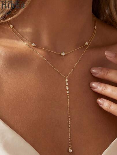 Hihho 1pc Luxury Sexy European And American Style Y-Shaped Double-Layer Zirconia Long Tassel Necklace, Suitable For Charming Ladies' Evening Dresses, Fashionable Jewelry Accessory, Unique Design, A Holiday Gift For Yourself