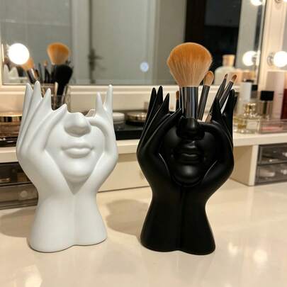 Abstract Face Shaped Vase, Resin Lady Pen Flower Plant Decor Storage, DIY Female Head Half Body Vase, Artistic Style Organizer Box, Suitable For Home Office Desk Accessories (White/Black)