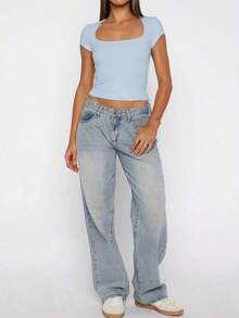 Blusa ajustada y sexy de punto para mujer , camiseta casual de cuello cuadrado de unicolor, primavera/verano - azul claro - Ver 5