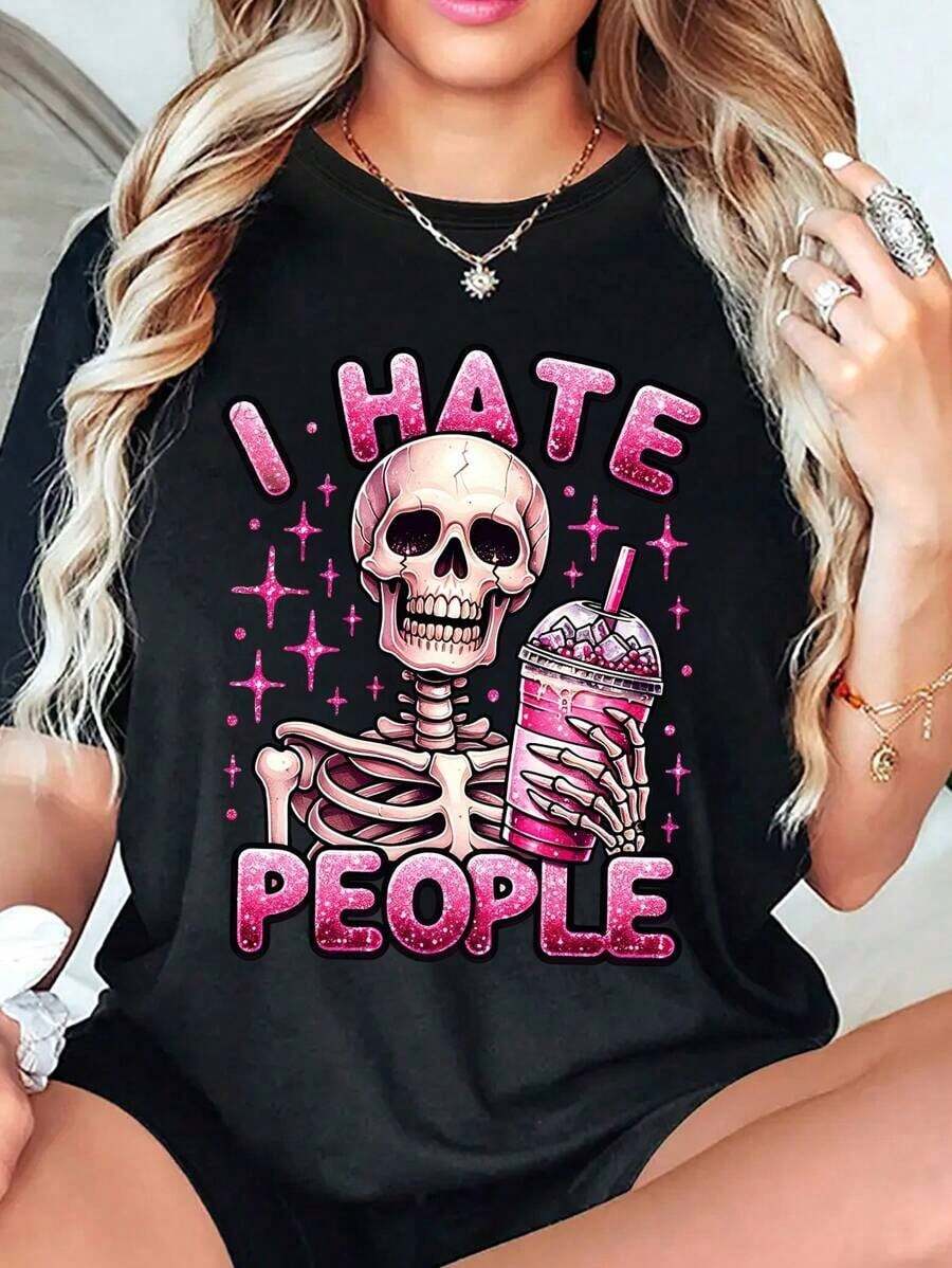 Unity Camiseta de cuello redondo con estampado de calavera de Halloween, top casual de manga corta para primavera y verano - Negro - Ver 1