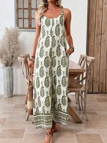 Mono Casual de Pierna Ancha con Bolsillos en Color Sólido para Mujer - Verde 2 - Ver 3