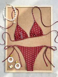 Swim Mod Conjunto de bikini de triángulo con copa sólida para mujer, traje de baño sexy de dos piezas con lazos - Rojo - Ver 2