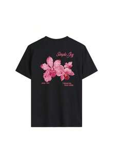 Esta camiseta de cuello redondo con estampado floral y de letras colorido para mujer es moderna y versátil para el verano. La camiseta gráfica viene en blanco y rosa, adecuada para usar en vacaciones. Negro Casual - Negro - Ver 3
