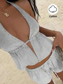 SunnyBelle Top sin espalda con escote profundo en V de cuello halter a rayas azul y blanco de lino, y shorts casuales sueltos con cordón a la cintura, conjunto veraniego sexy, lindo, elegante y romántico para mujer - Gris - Ver 8