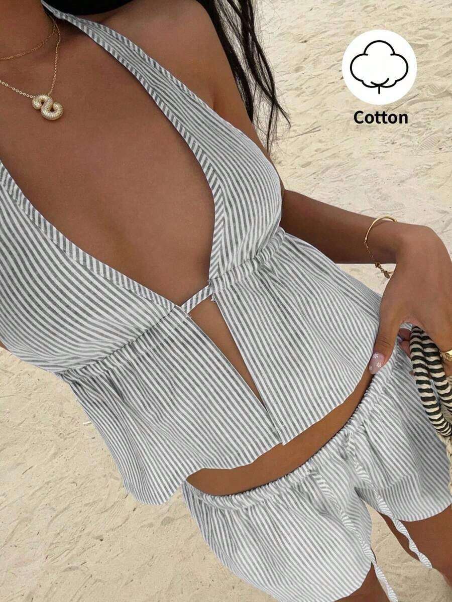 Women's Summer Set, Halter Top With Open Back, V-Neck, Striped Blue And White Linen + Loose Shorts With Drawstring Waist, Sexy, Cute, Elegant, Romantic Style - 灰色的 - 查看 1