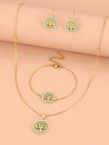 Set In Acciaio Inossidabile: Pendente A Forma Di Albero Del Denaro Con Dettagli Esclusivi Di Cristalli E Strass, Collana, Bracciale E Orecchini Come Regalo Di Nozze Per Donne - Dorato - Visualizzare 6