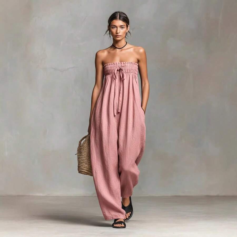 2026 Spring/Summer New Cotton-Linen Blend Simple Strapless Tube Top Jumpsuit - 粉紅色 - 查看 1