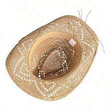 Hollow Western Cowboy Hat Combines Straw Material With Retro Design.It Has A Wide Brim And A Classic Hat Shape.It Has Both Sun Protection And Style.It Is Suitable For Summer Travel, Beach Parties Or Theme Activities, Showing The Free And Unrestrained Western Style And Personality Declaration. - 卡其色 - 查看 10