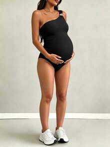 Parara Maternidad Mono sin mangas con cuello asimétrico y espalda descubierta, tela de estiramiento medio, negro verano - Negro - Ver 1
