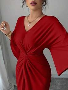 xheElenzga Vestido de manga de murciélago de punto elástico elegante con diseño de giro de cuello en V de longitud media para mujeresxhe - Burdeos - Ver 6