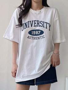 Camiseta holgada de mujer con caída en los hombros y estampado de letras, camiseta oversize, camisetas gráficas de estilo preppy - Blanco - Ver 6