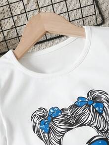 女童休闲甜美套装，2件套，卡通印花白色T恤+碎花裙，时尚两件套，适合夏季穿着 - 藍色 - 查看 3