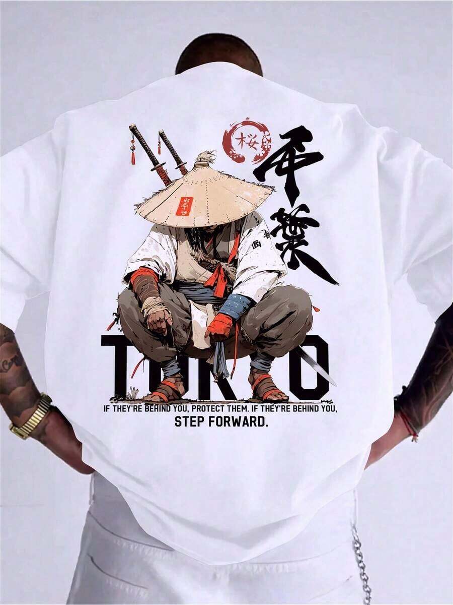 Anime Samurai T-Shirt - Short Sleeve With Crossed Swords Print On One Leg And Kanji, Torico Manga Warrior Print On Back, Casual Summer Style With Round Neck, Birthday Gifts, Christmas Gifts, Halloween, Souvenir T-Shirts For Friends And Lovers. - 白色 - 查看 1