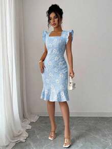 Vestido elegante de jacquard para ir al trabajo, verano - Azul - Ver 4