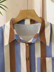 Camisa de manga corta con bolsillo, de estilo casual y de vacaciones, con botones delanteros y rayas - Multicolor 2 - Ver 4