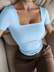 Blusa de manga corta y cuello redondo casual y elegante, adecuada para uso diario, ir al trabajo y salir, color rosa para primavera/verano - Azul - Ver 4