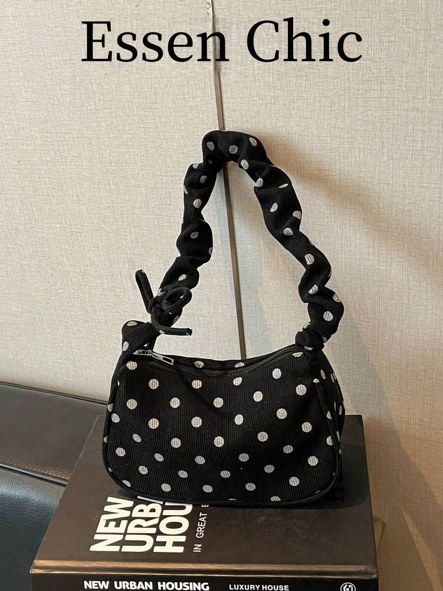 1pc Black Polka Dot Decor Corduroy Pleated Shoulder Underarm Bag For Women, Spring New Arrival - Black - View 1