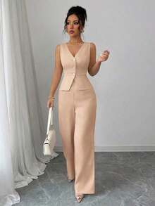 Conjunto de camiseta sin mangas y pantalones elegante para mujer, estilo de oficina y transporte, atuendo de otoño para maestros - Caqui - Ver 3