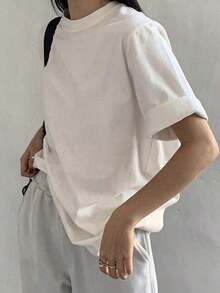 Camisetas De Mujer AlgodóN  Camiseta De Manga Corta De Ajuste Holgado Y Cuello Redondo De Unicolor Para Verano, Camiseta Oversize - Blanco - Ver 6