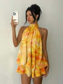 Elegant Women's Mini Dress With Halter Neck And Bow In Light Yellow - Kuning - View 3
