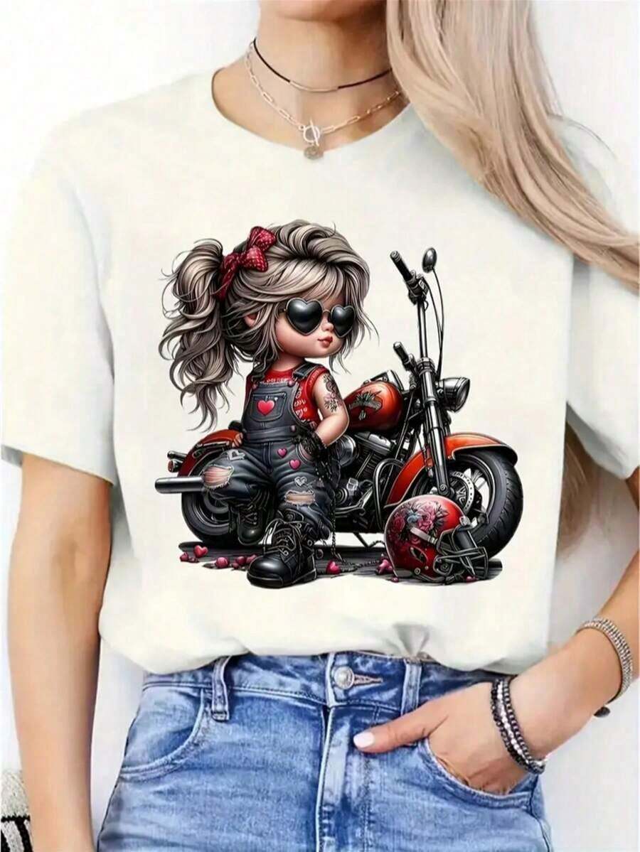 Camiseta de mujer de unicolor con estampado de chica de motocicleta de dibujos animados, casual y de moda para uso diario ACEM - Blanco - Ver 1