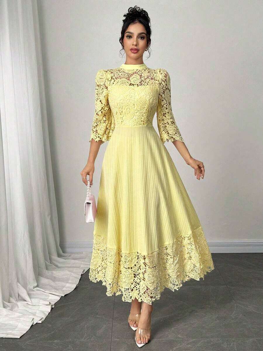 Vestido largo de manga larga con parches de bordado de ojal amarillo para mujeres - Amarillo - Ver 1