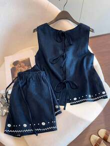 Conjunto casual de vacaciones para mujer, blusa con cuello redondo y estampado teñido anudado en la espalda, combinada con shorts estampados, para /verano - Multicolor - Ver 1