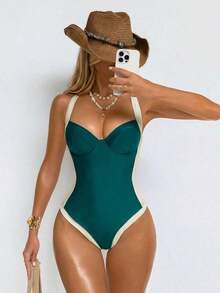 Traje de baño de una pieza con control de abdomen, con abertura lateral, push-up y efecto estilizante, en marrón y beige para mujer - Agua verde azul - Ver 5