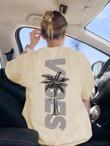 Women's Short-Sleeved T-Shirt With A Round Neck, Featuring A Minimalist Coconut Tree Print And Slogan. Simple And Versatile, Suitable For Everyday Wear And Vacations. Graphic T-Shirt, Women's, White, Black, Pink, Summer - 杏 - 查看 6