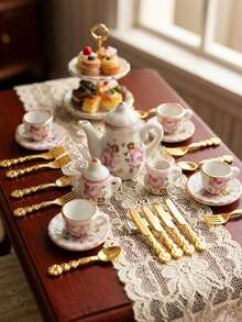 12/27pcs Miniature Ceramic Tea Set 1:12 Dollhouse Porcelain Tea Set, Mini Tea Cups Plates Teapot Tableware Set, Floral Pattern Mini Kitchen Accessories, Dollhouse Furniture Decor Gnome Kitchen Accessories, Birthday Gift Mini Tableware DIY Scene Props - A - View 5